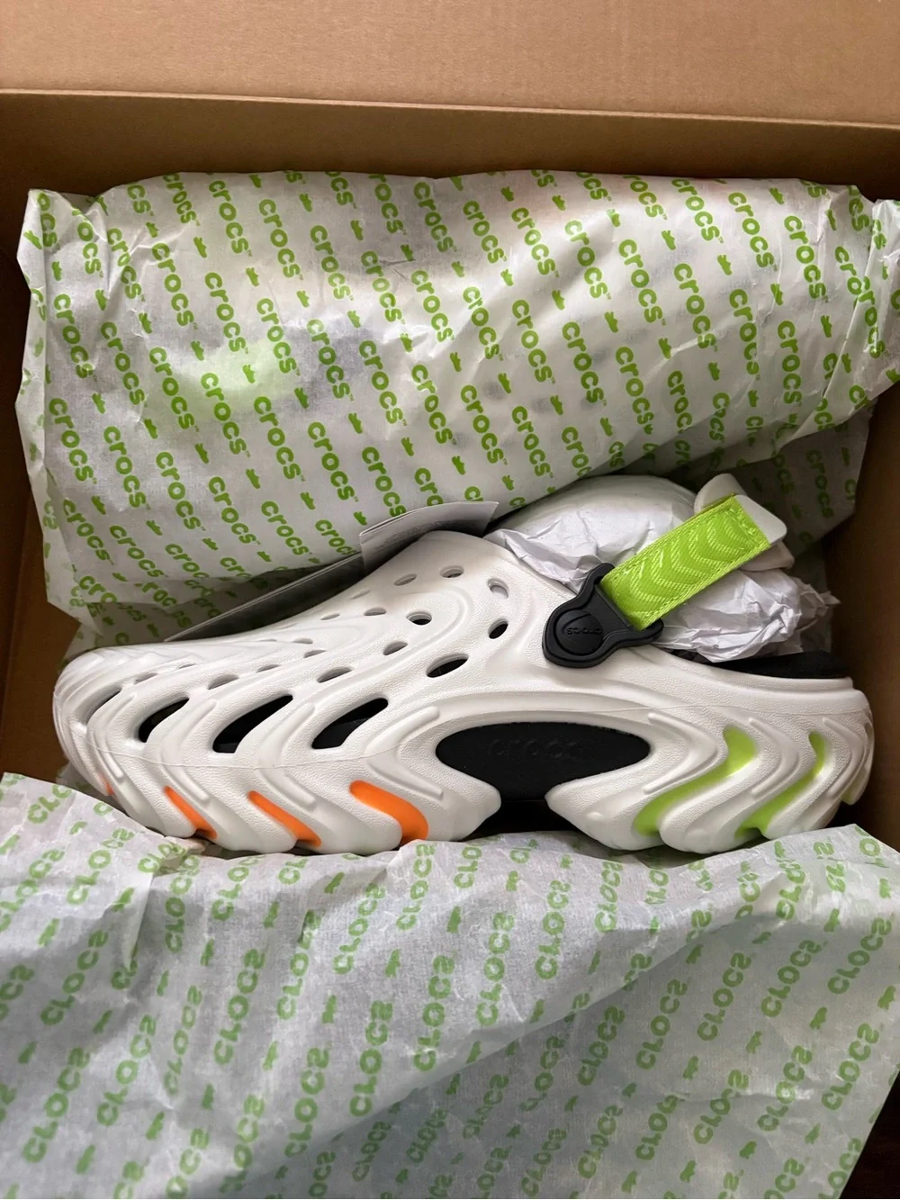 CROCS Mens size 8 Echo White Clog with Neon Green Strap & Orange Accents